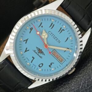 Vintage 1992 Arabic Citizen Automatic Mens Silver Watch W/daydate & Blue accents